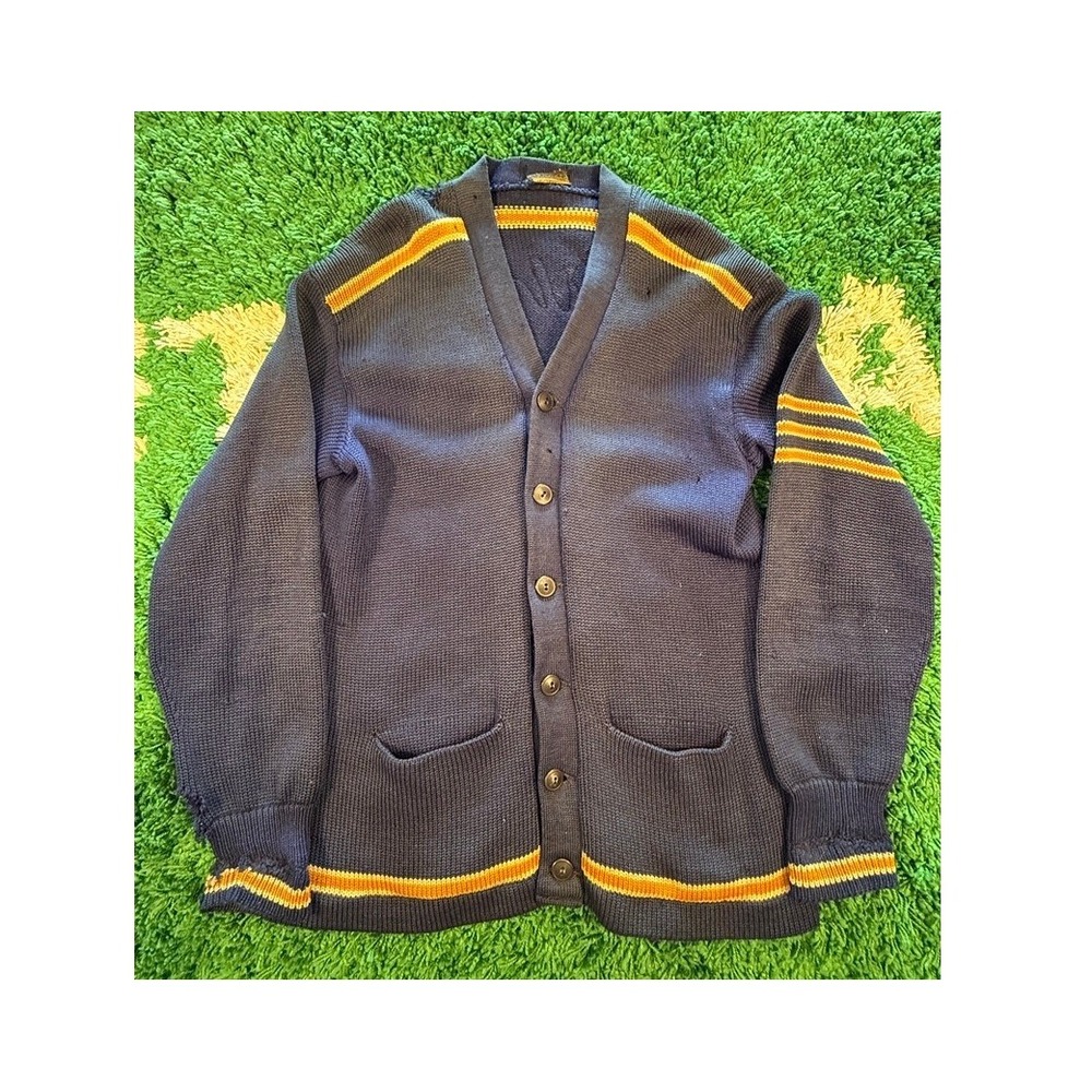 Vintage‎ Varsity Cardigan Sweater Mens Large Blue Fair Striped Letterman Knit